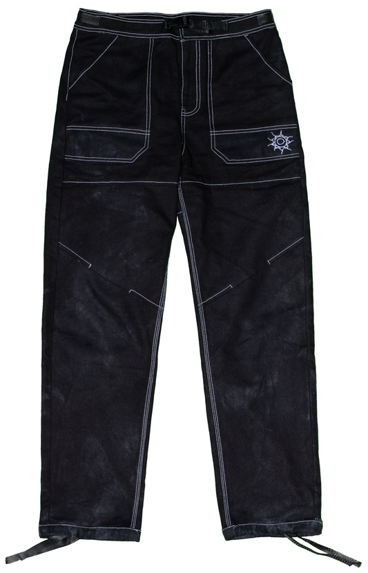 Black pants with white stitching on a white background