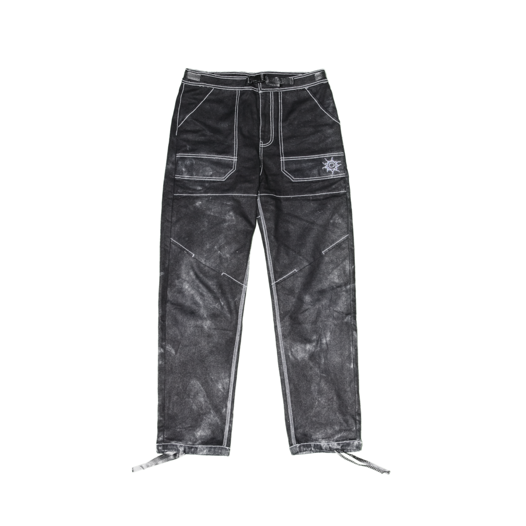 Black distressed jeans on a white background